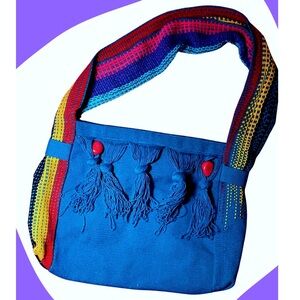 Knitted blue messenger bag handmade